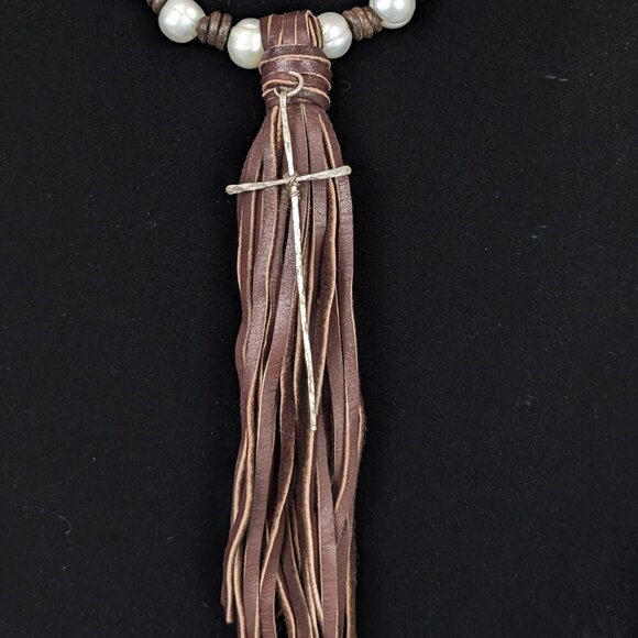 V. Freshwater Pearl & Leather Tassel Cross Pendant Necklace - Picture 3 of 5
